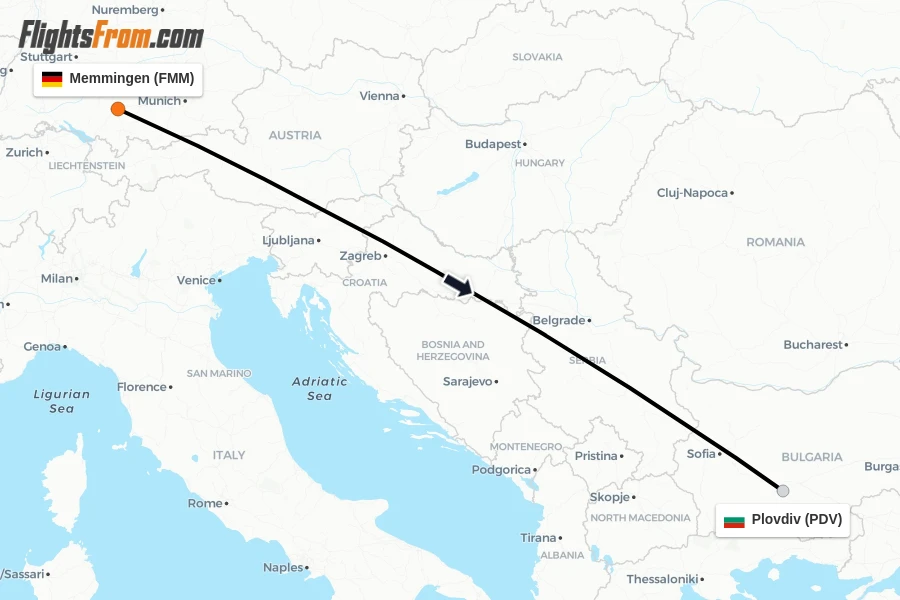 Flights from Memmingen to Plovdiv route map
