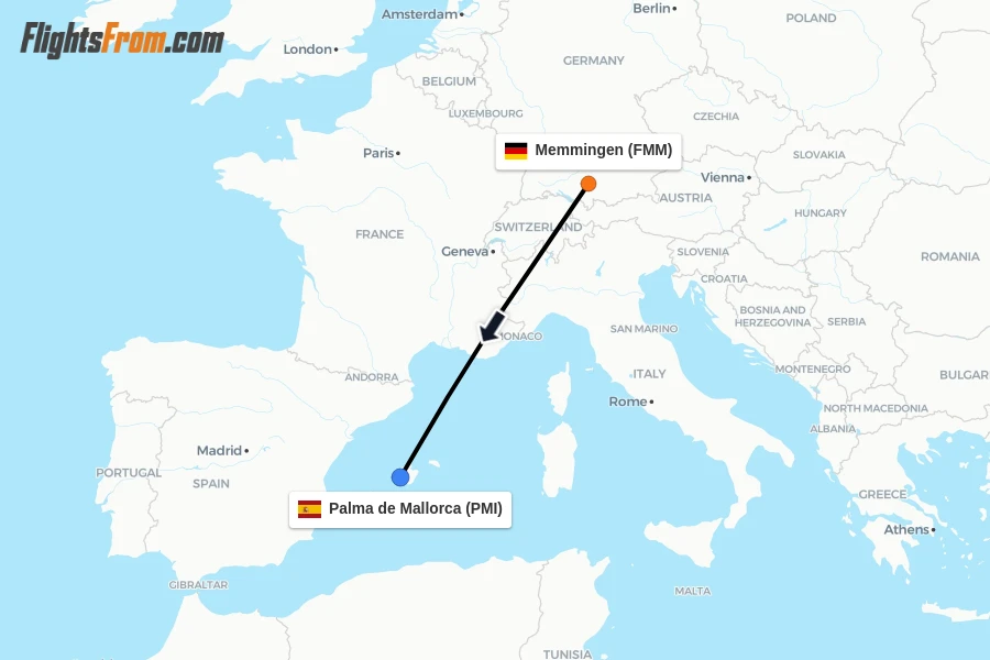 Flights from Memmingen to Palma de Mallorca route map