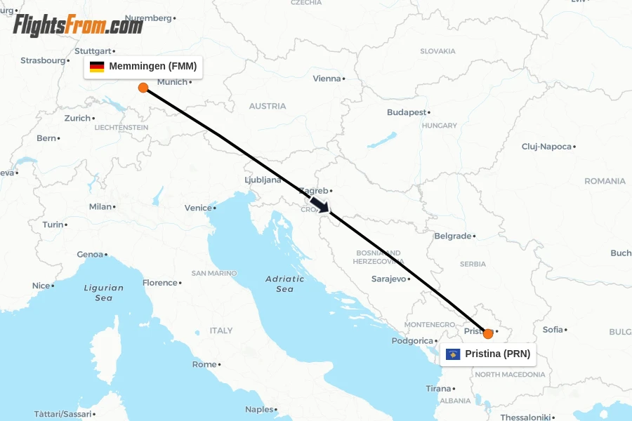 Flights from Memmingen to Pristina route map