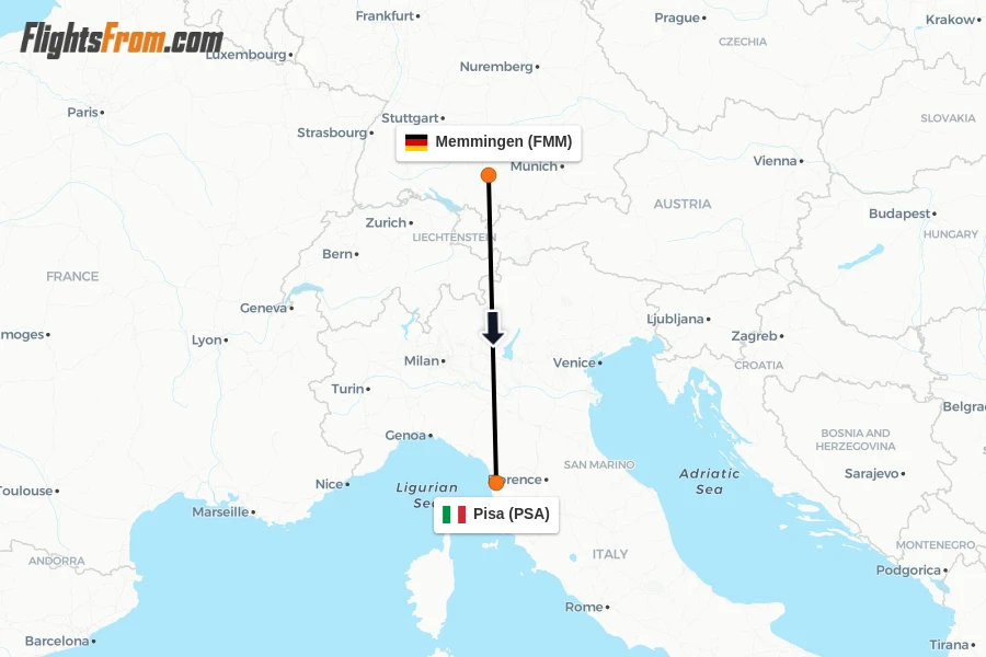 Flights from Memmingen to Pisa route map