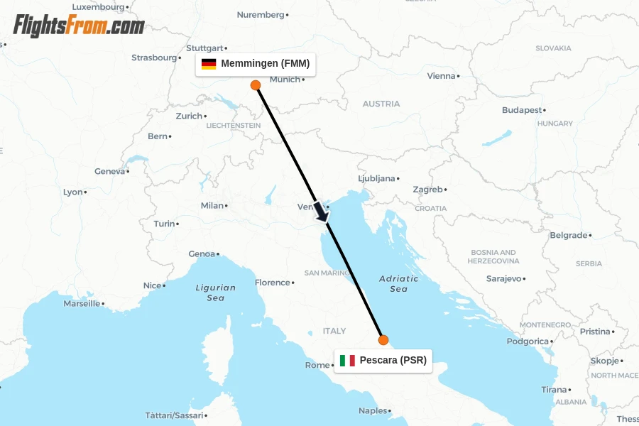 Flights from Memmingen to Pescara route map