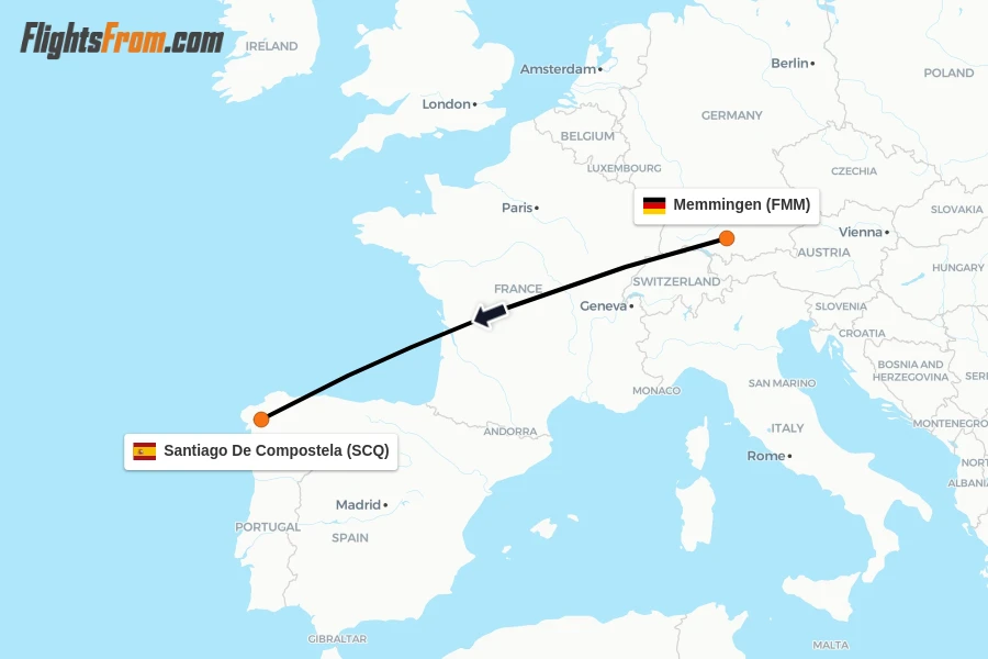 Flights from Memmingen to Santiago De Compostela route map
