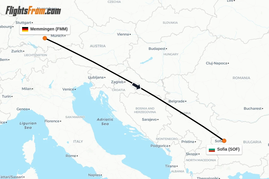 Flights from Memmingen to Sofia route map