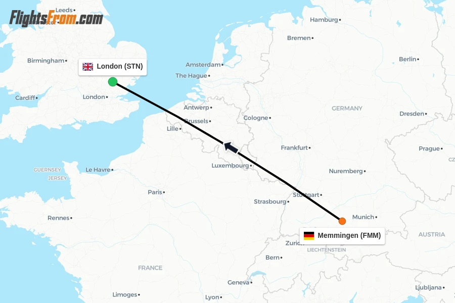 Flights from Memmingen to London route map