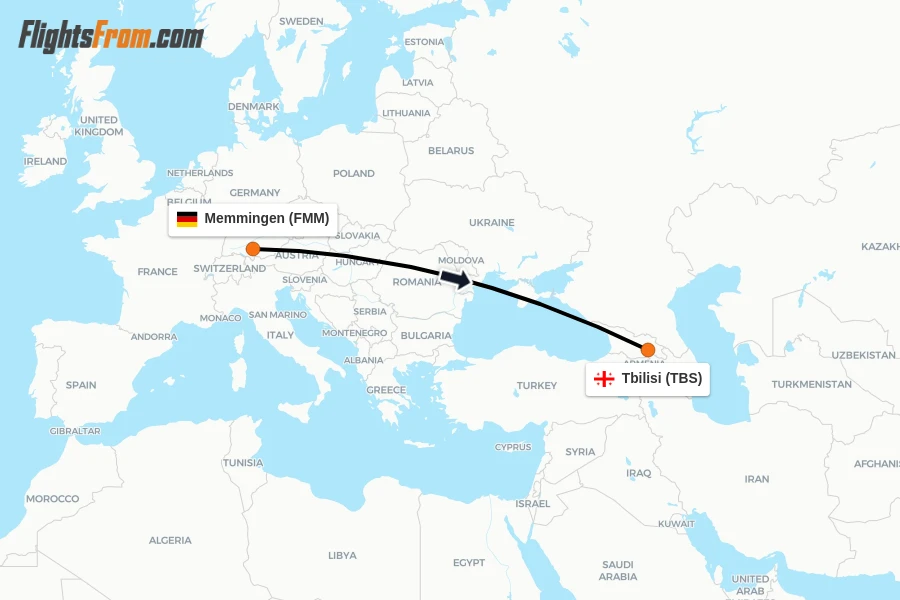 Flights from Memmingen to Tbilisi route map