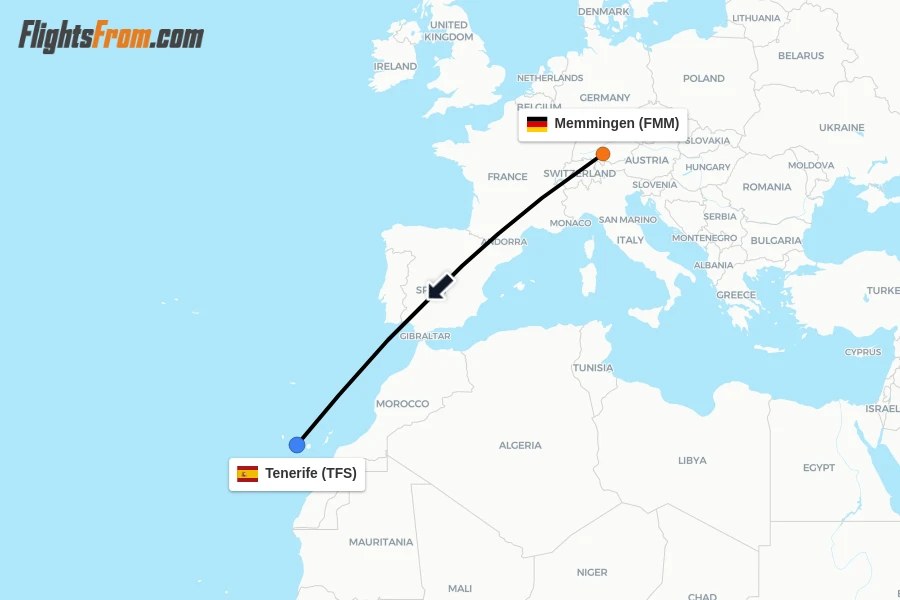 Flights from Memmingen to Tenerife route map