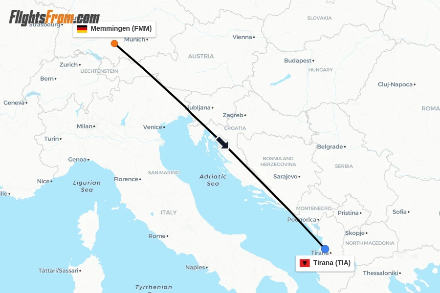Flights from Memmingen to Tirana route map