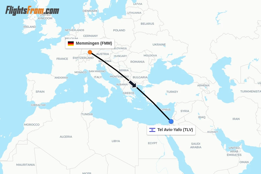 Flights from Memmingen to Tel Aviv-Yafo route map
