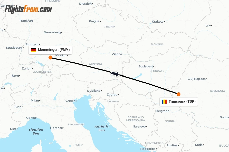 Flights from Memmingen to Timisoara route map