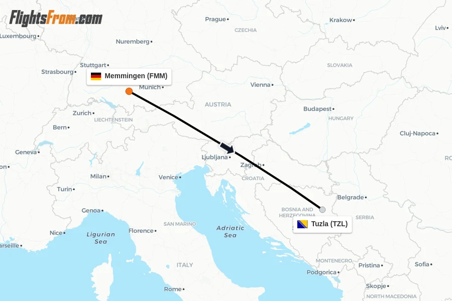 Flights from Memmingen to Tuzla route map