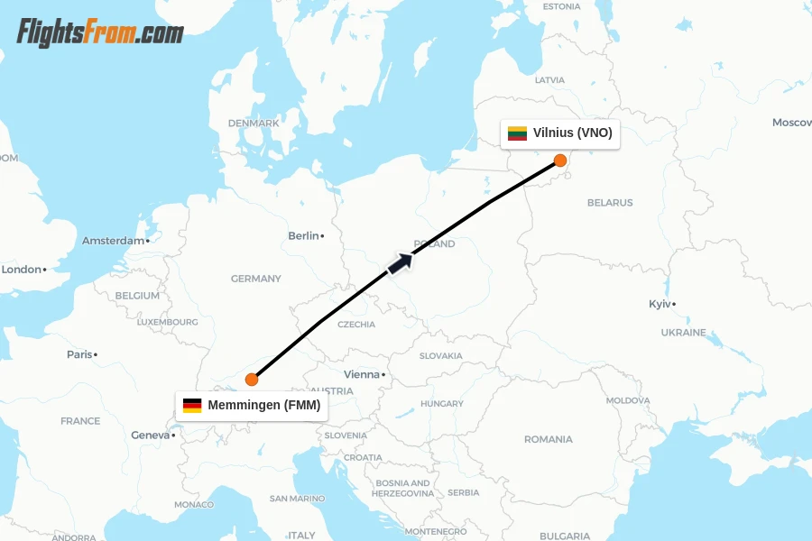 Flights from Memmingen to Vilnius route map