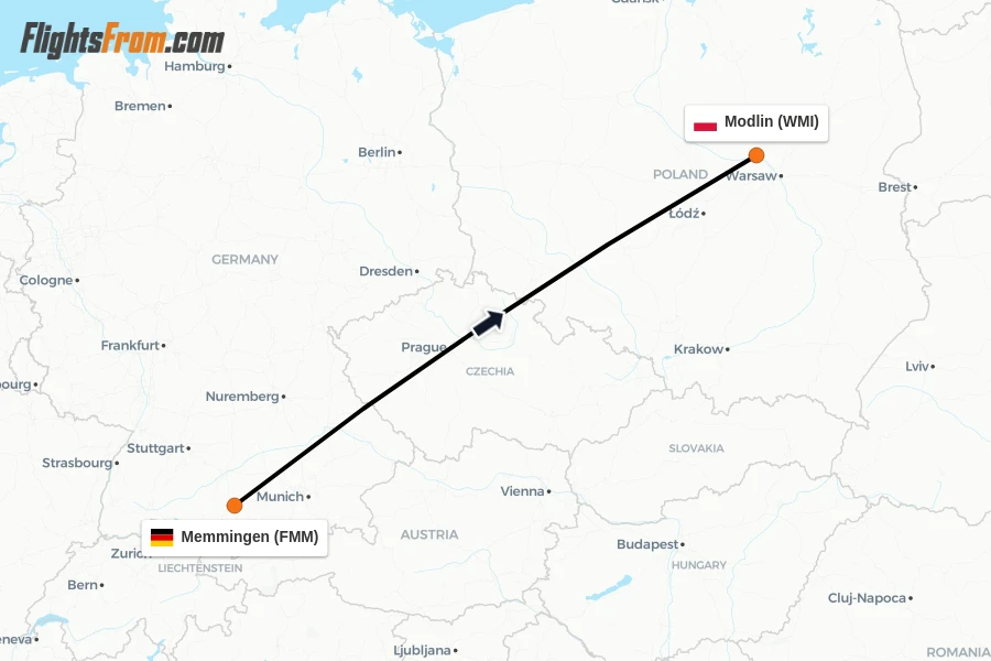 Flights from Memmingen to Modlin route map
