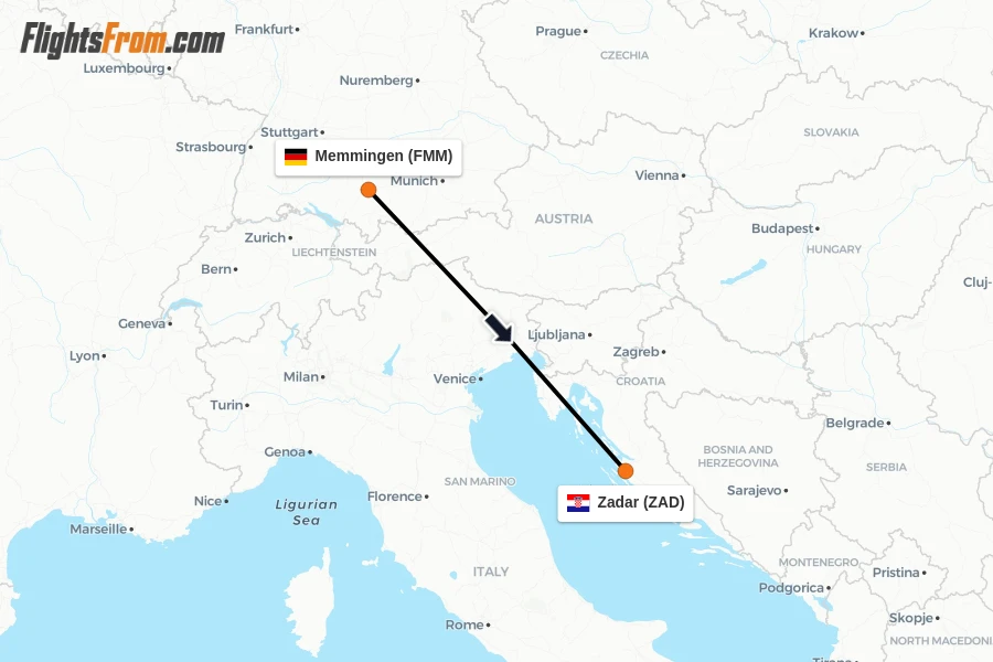 Flights from Memmingen to Zadar route map