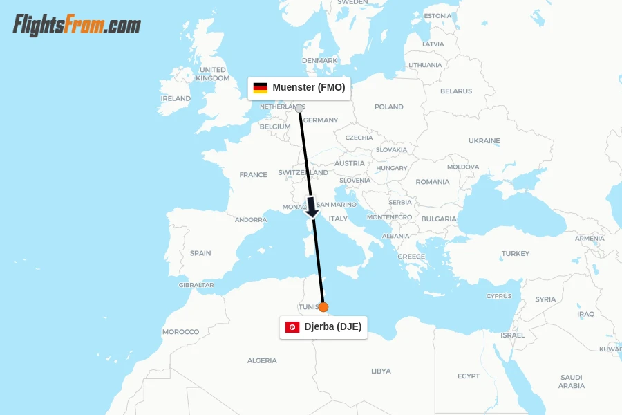 Flights from Muenster to Djerba route map
