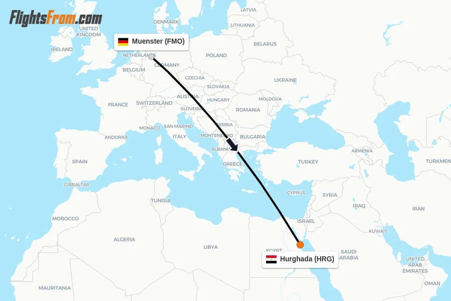 Flights from Muenster to Hurghada route map