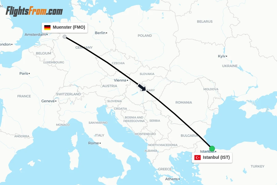 Flights from Muenster to Istanbul route map