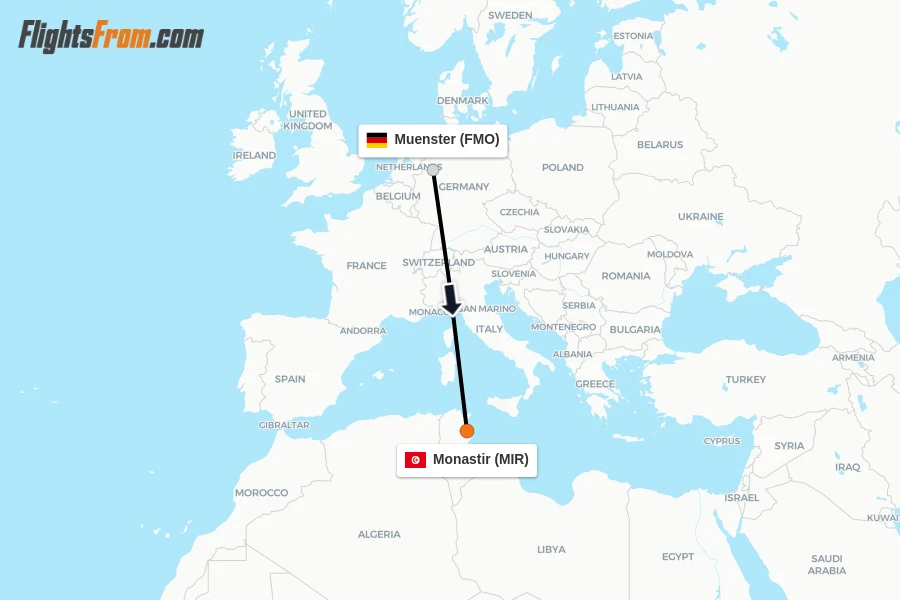 Flights from Muenster to Monastir route map