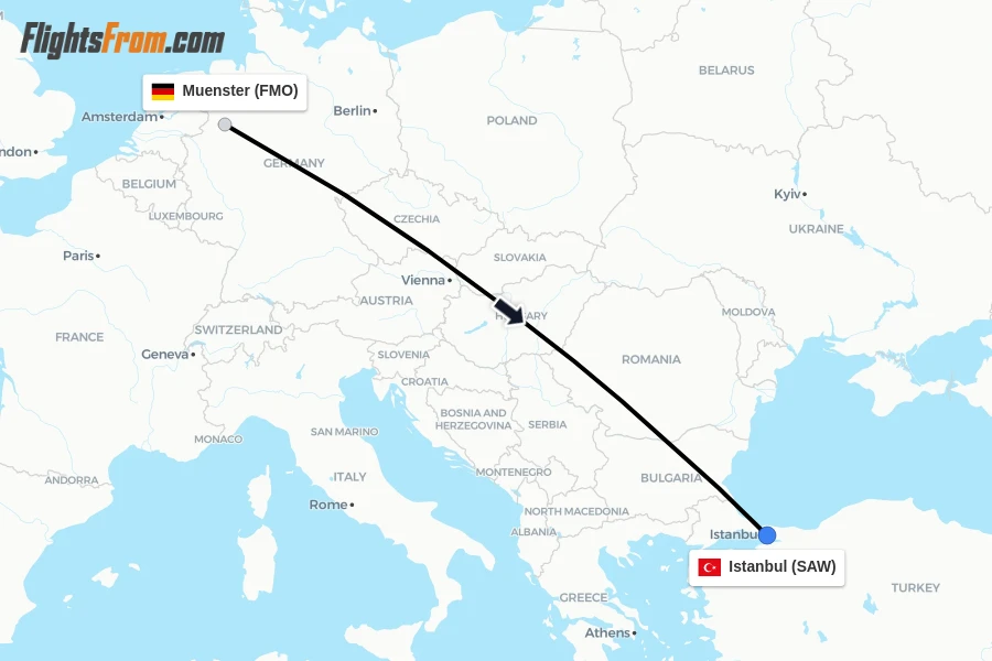 Flights from Muenster to Istanbul route map