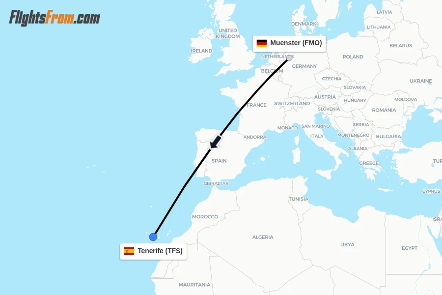 Flights from Muenster to Tenerife route map