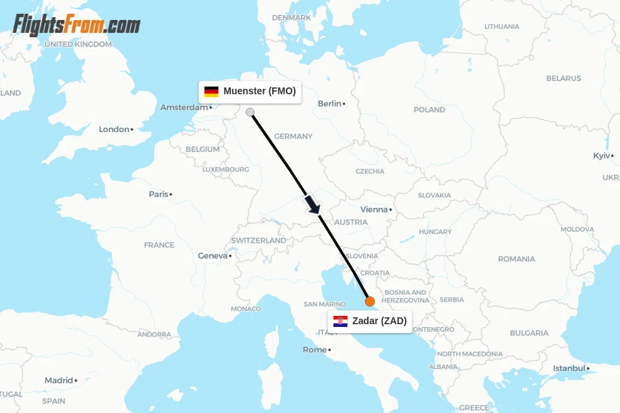 Flights from Muenster to Zadar route map