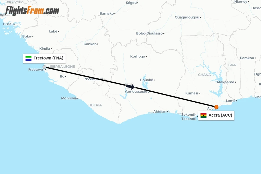 Flights from Freetown to Accra route map