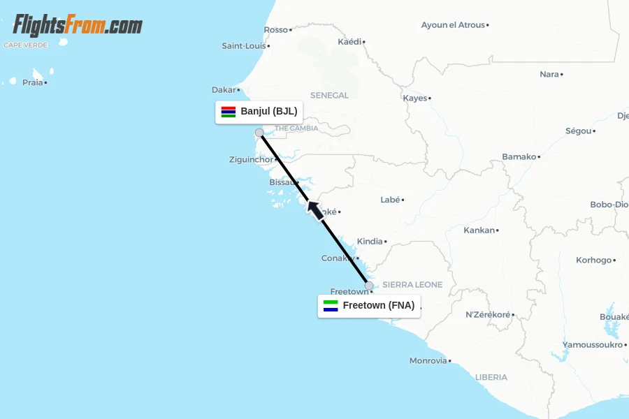 Flights from Freetown to Banjul route map