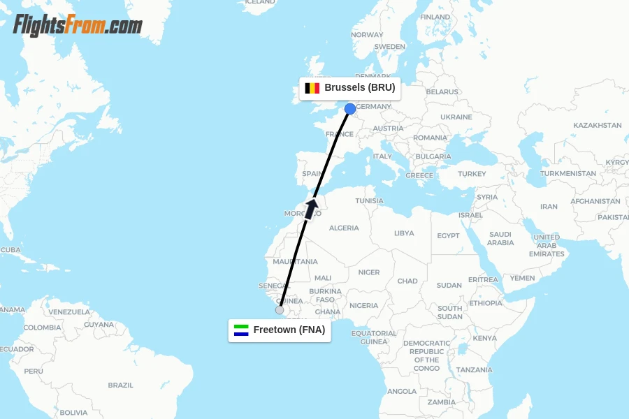 Flights from Freetown to Brussels route map