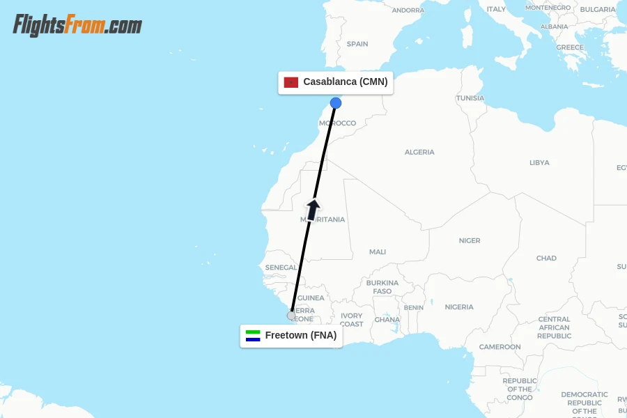 Flights from Freetown to Casablanca route map