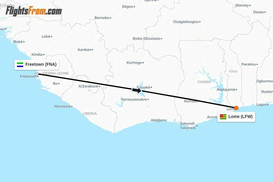 Flights from Freetown to Lome route map