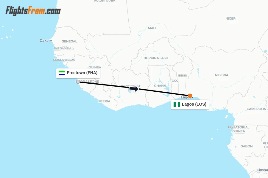 Flights from Freetown to Lagos route map