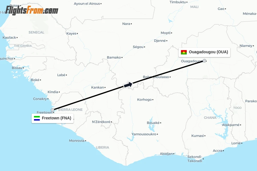 Flights from Freetown to Ouagadougou route map