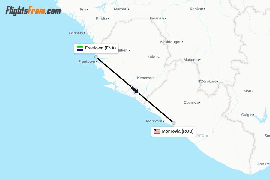 Flights from Freetown to Monrovia route map