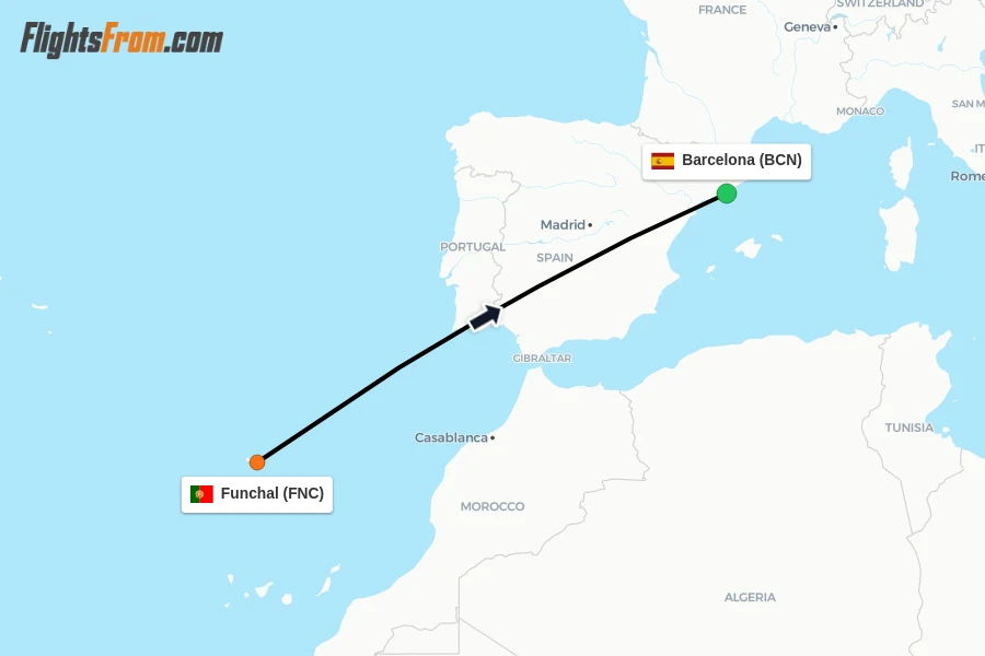 Flights from Funchal to Barcelona route map
