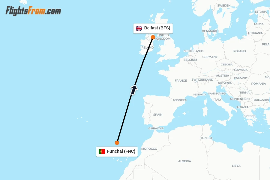 Flights from Funchal to Belfast route map
