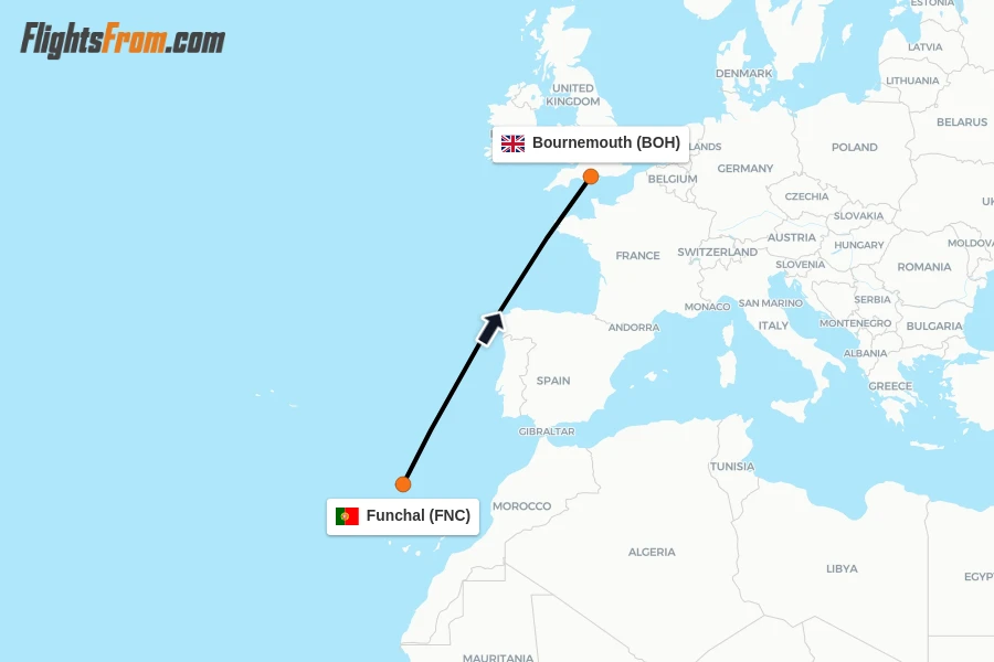 Flights from Funchal to Bournemouth route map