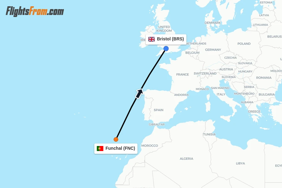 Flights from Funchal to Bristol route map
