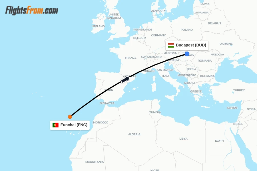 Flights from Funchal to Budapest route map