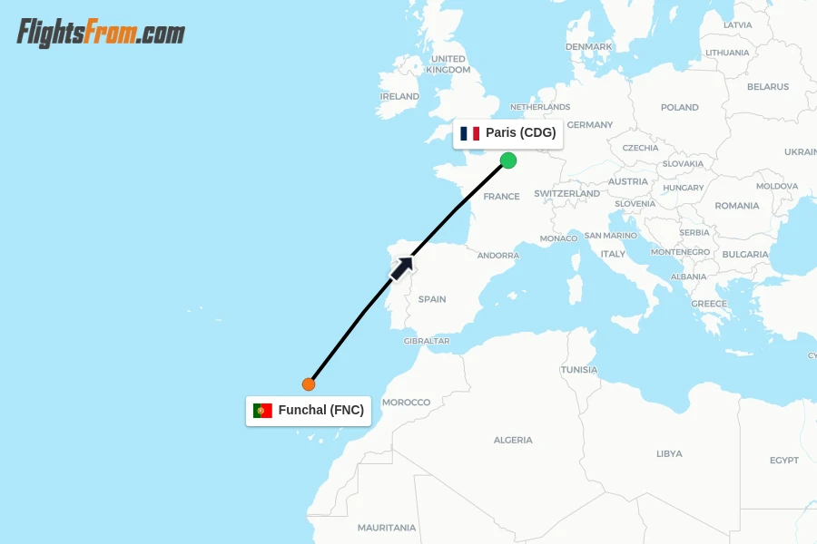 Flights from Funchal to Paris route map