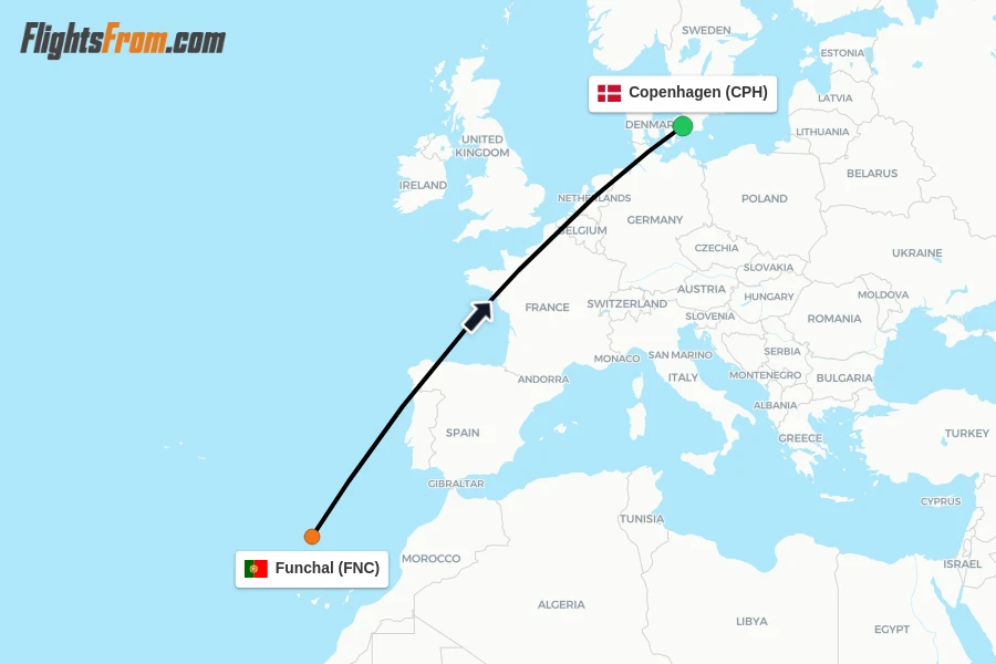 Flights from Funchal to Copenhagen route map