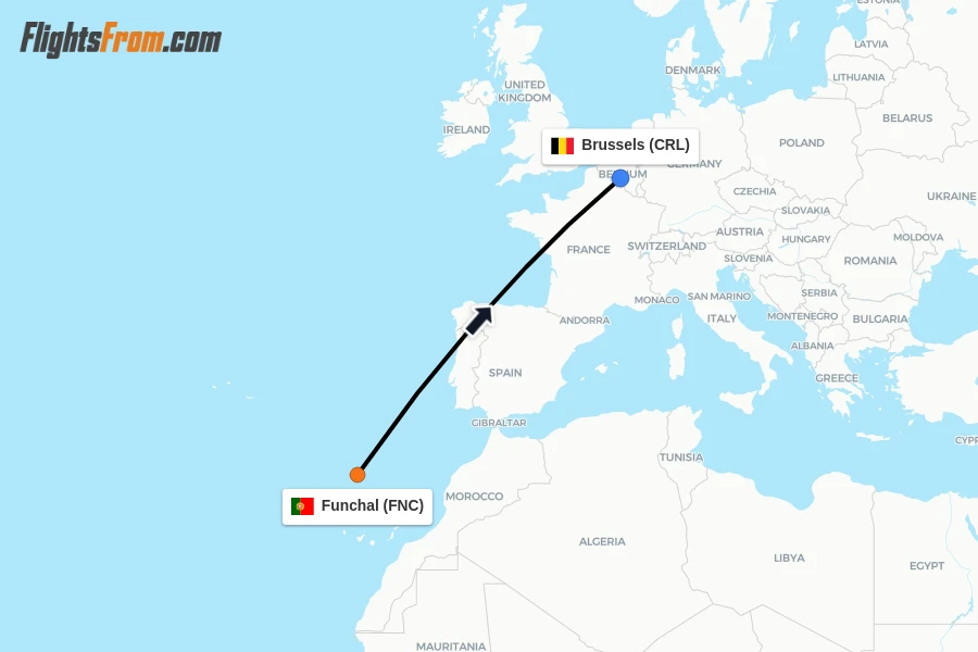 Flights from Funchal to Brussels route map