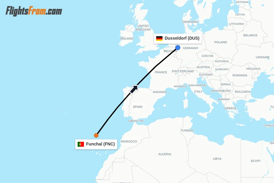 Flights from Funchal to Dusseldorf route map