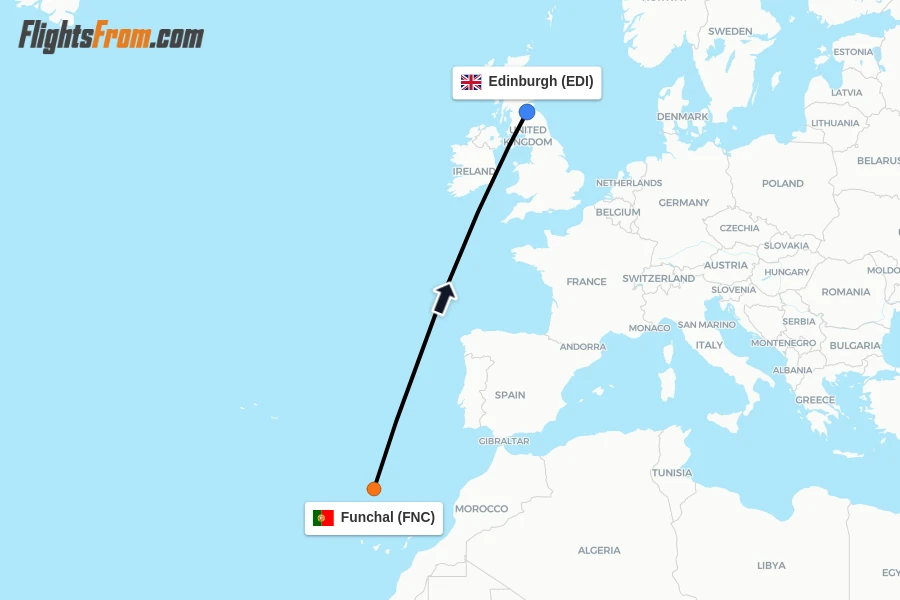 Flights from Funchal to Edinburgh route map