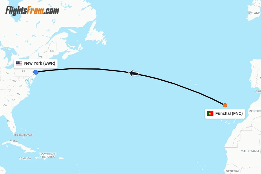 Flights from Funchal to New York route map