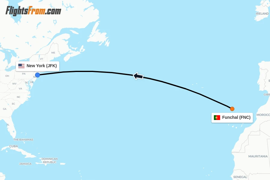 Flights from Funchal to New York route map