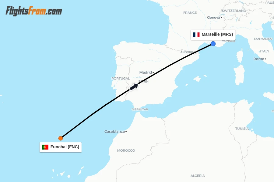 Flights from Funchal to Marseille route map