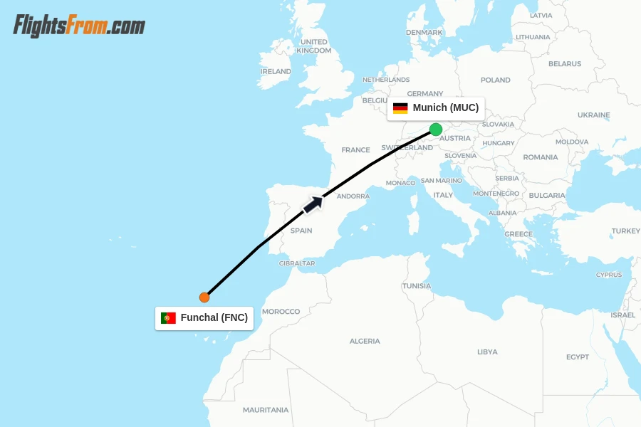 Flights from Funchal to Munich route map