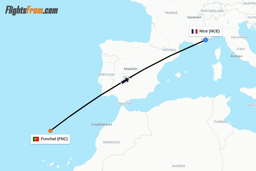 Flights from Funchal to Nice route map
