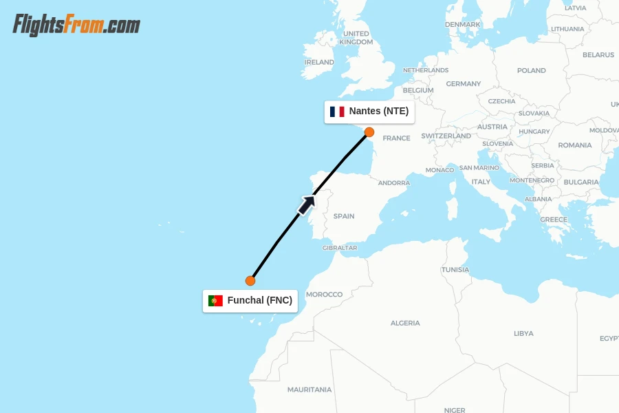 Flights from Funchal to Nantes route map