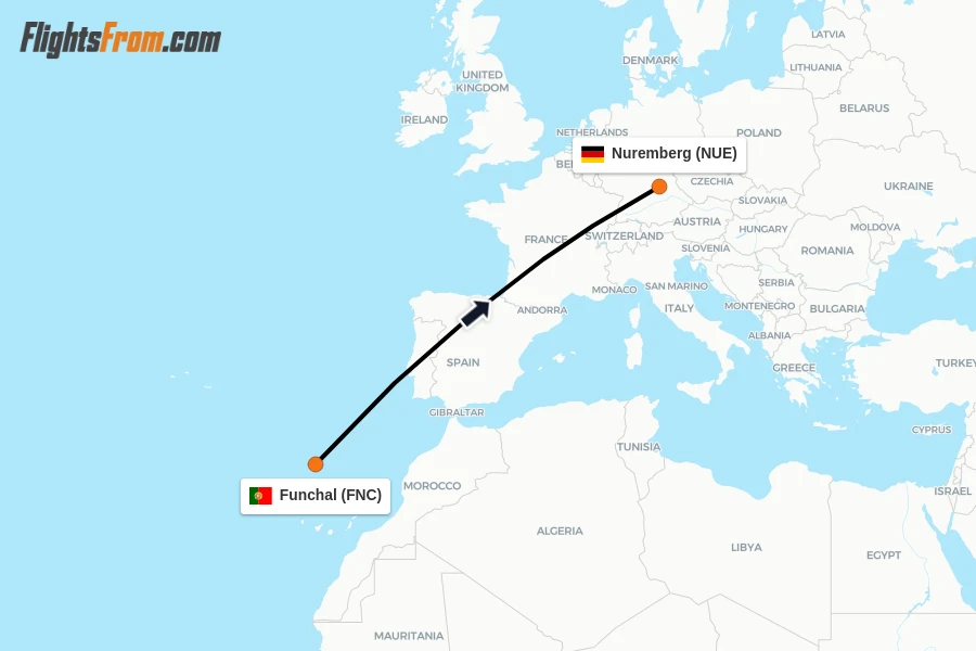 Flights from Funchal to Nuremberg route map