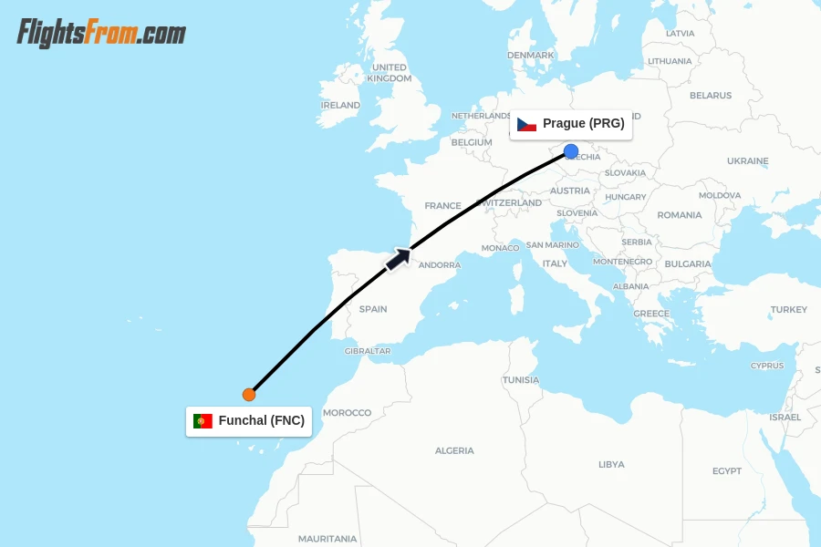 Flights from Funchal to Prague route map